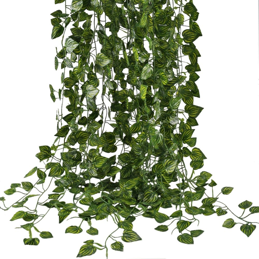 Fake Vines, 79 FT Artificial Hanging Plants Silk Golden Devil's Ivy Leaves for Reptiles Wall Livingroom Outdoor Party Festival Decor Pack of 12