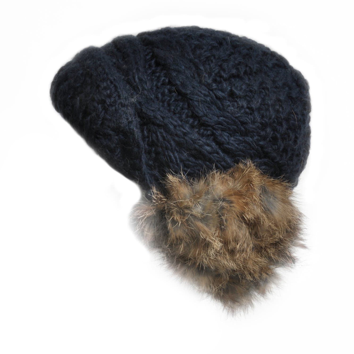 GP Accessories Girl's Rabbit Fur Ear Muffs Hand Knit Beanie Hat Small Navy