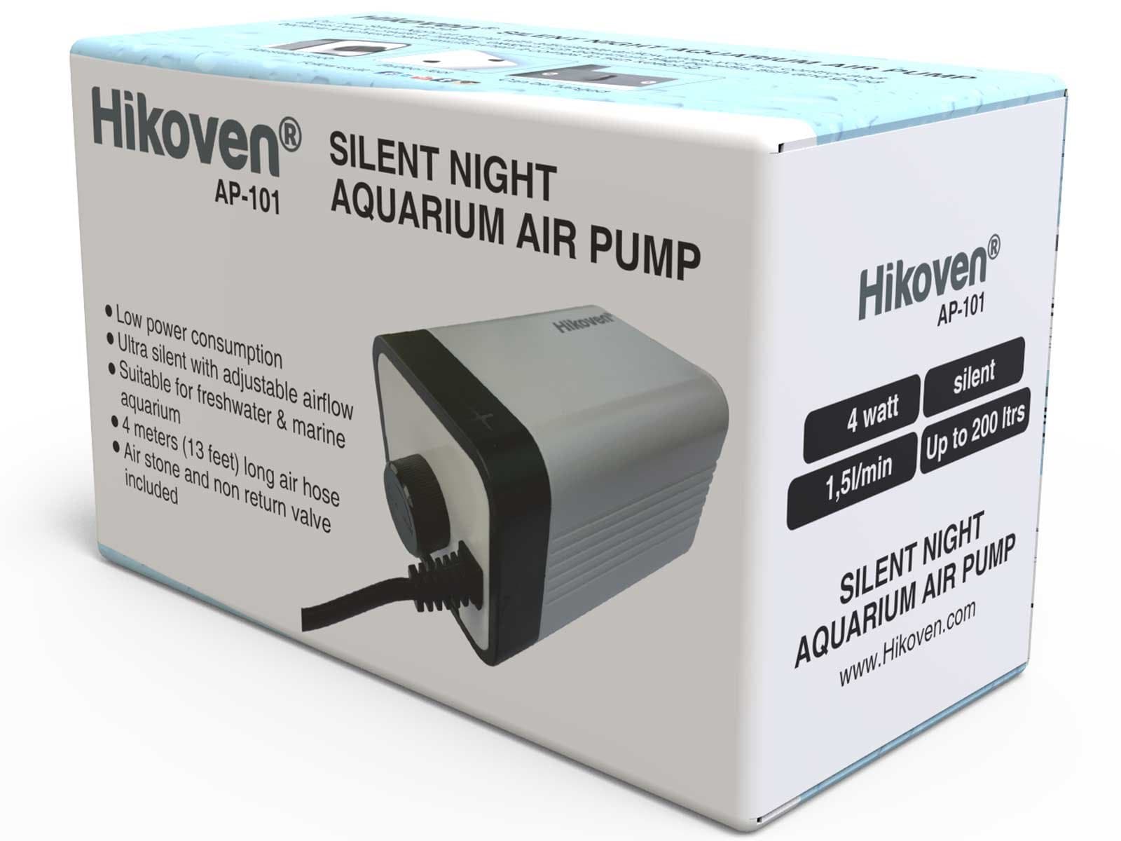 Hikoven Silent Night Quiet Aquarium Air Pump with Adjustable Air flow Complete Set - Air Stone Air Tube and Non Return Valve