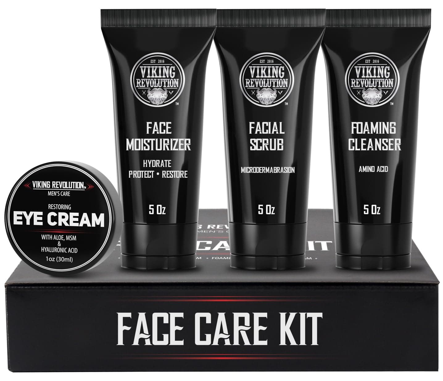Viking Revolution - Mens Skin Care Kit - Mens Facial Care Kit - Includes (148ml Each) Rejuvenating Face Moisturiser, Microdermabrasion Facial Scrub, Foaming Cleanser & Eye Cream (30ml) - Gifts For Men