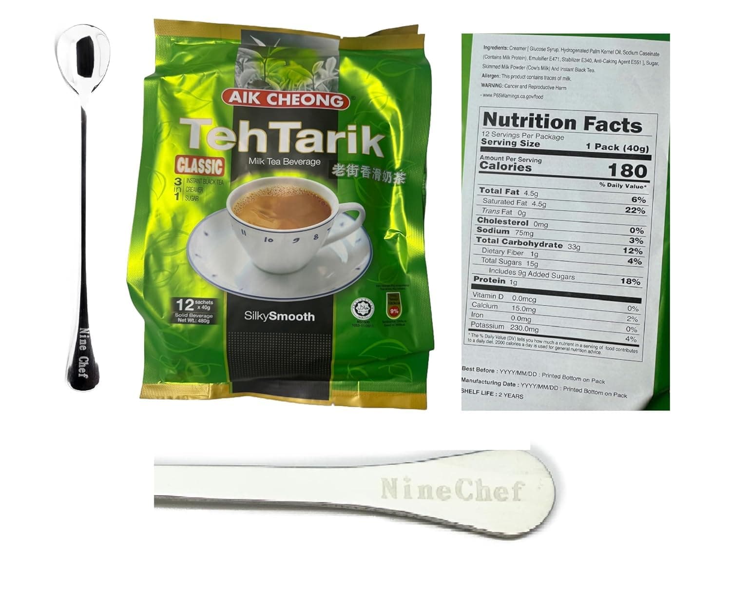 Aik Cheong Classic 3in1 Teh Tarik Milk Tea Beverage (1 Pack)+ one NineChef Spoon