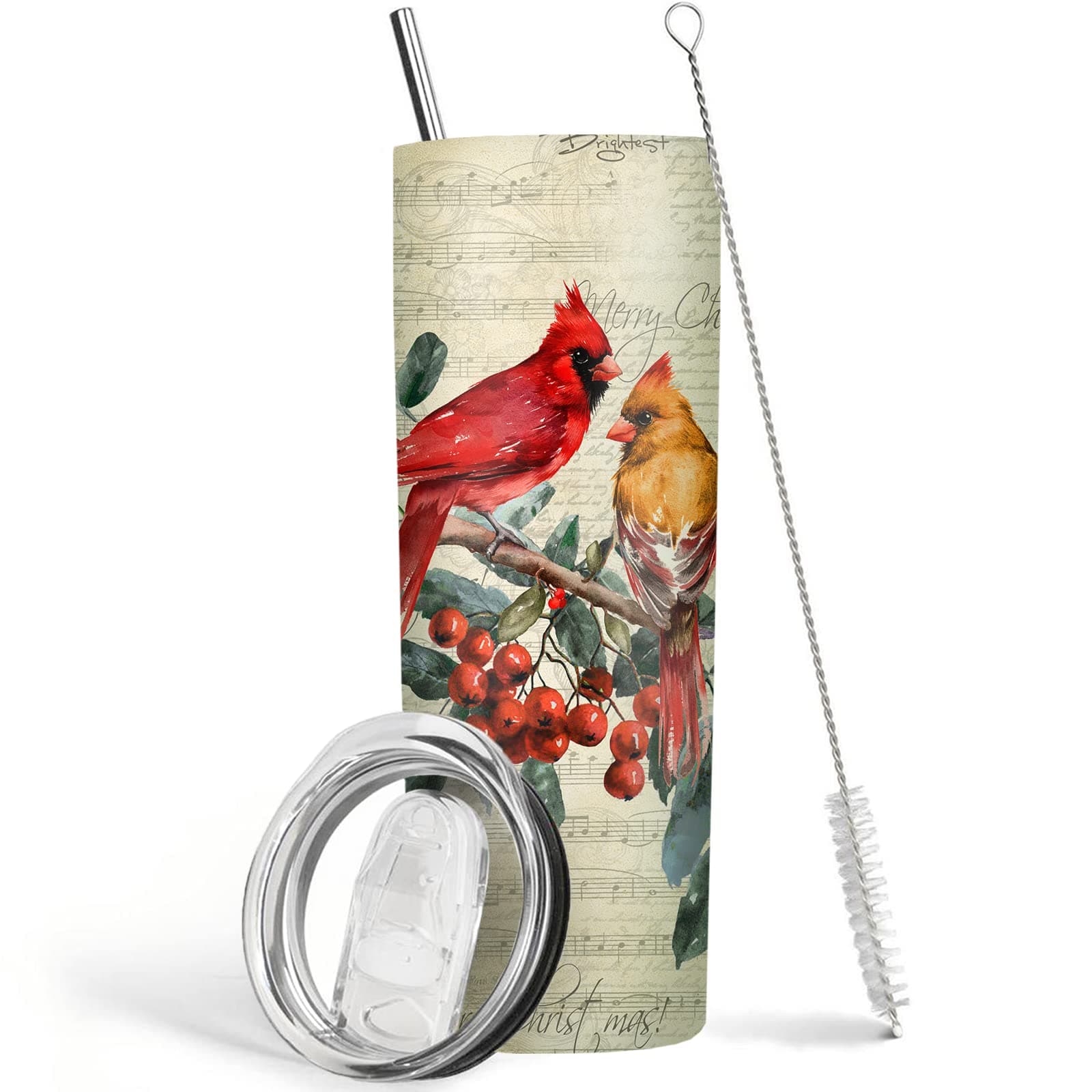 MosdeimChristmas Cardinal Tumbler 20 oz Travel Holiday Coffee Mug Skinny Tumblers with Lid and Straw Stainless Steel Insulated Coffee Cups Cardinal Lover Gifts for Women Girls