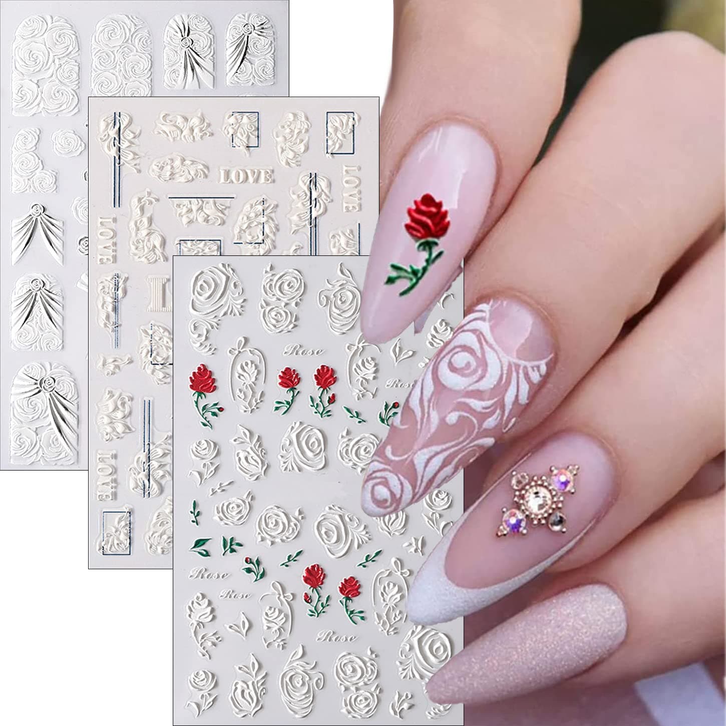 5D Nail Stickers for Nail Art, Lace Flower Nail Decals Embossed Stereoscopic Rose Nail Supplies White Wedding Nails Designs for Nail Art Decoration