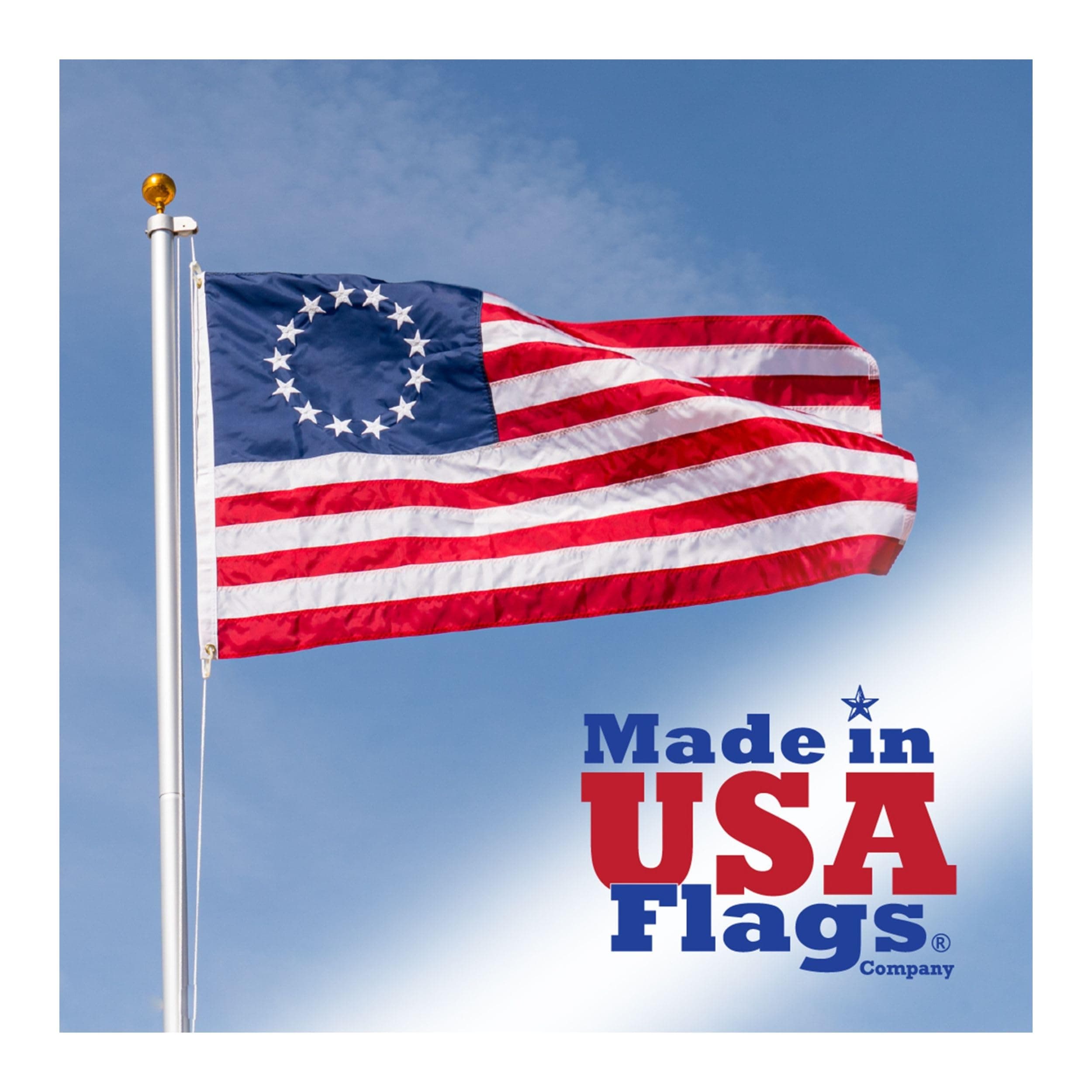 Made in USA Flags Co - 3x5 Betsy Ross Flag - 13 Star American Flag with All Weather SolarMax Nylon, Sewn Stripes & Embroidered Stars - FMAA Certified, US Made