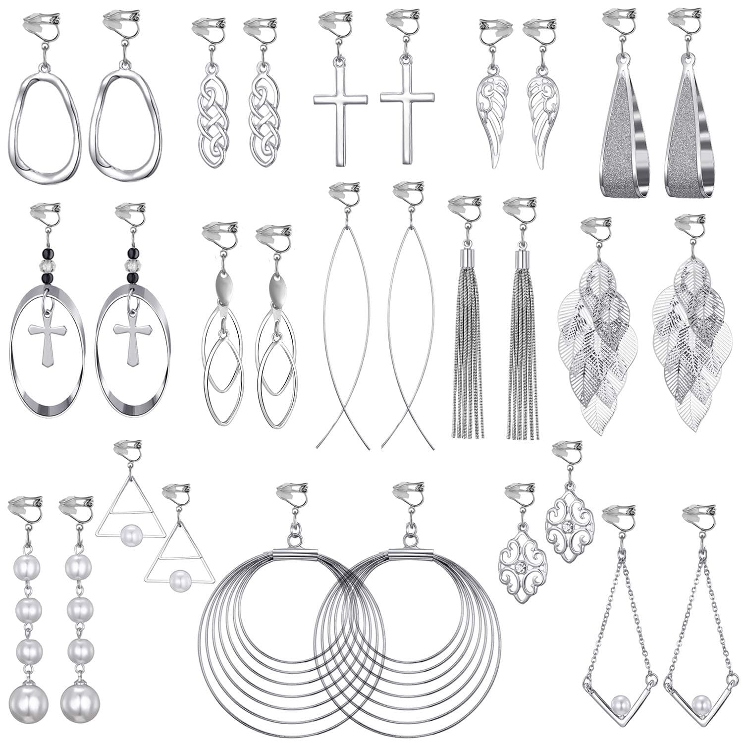 15 Pairs Wholesale Clip on Earrings for Women Trendy,Lightweight Clipon Earrings for Women in Silver Tone