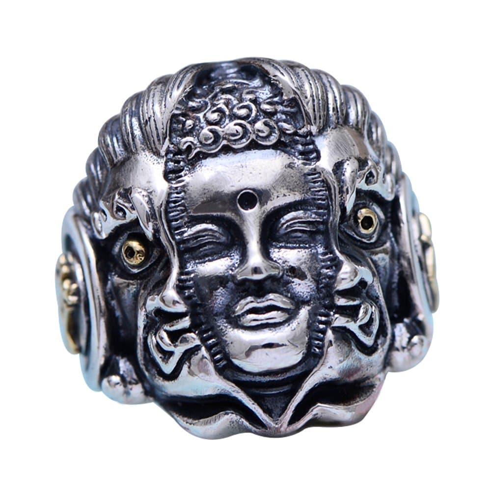 Two Tone 925 Sterling Silver Buddha Demon Good or Evil Ring Punk Jewellery for Men Open Adjustable