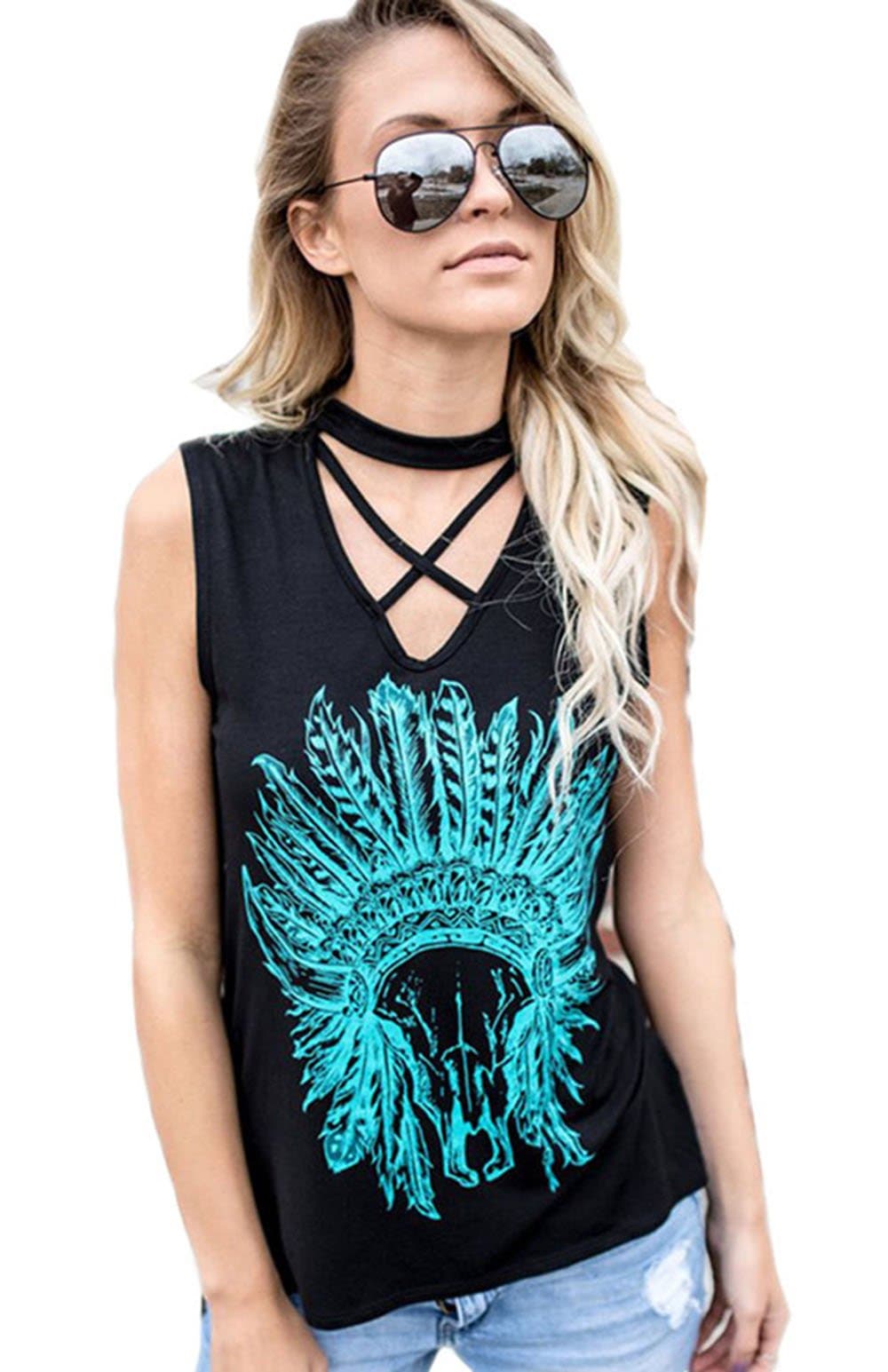 Women Casual Crisscross V Neck Tribal Print Sleeveless Blouse Choker T Shirt Tank Tops ((US 12) XL, Black)