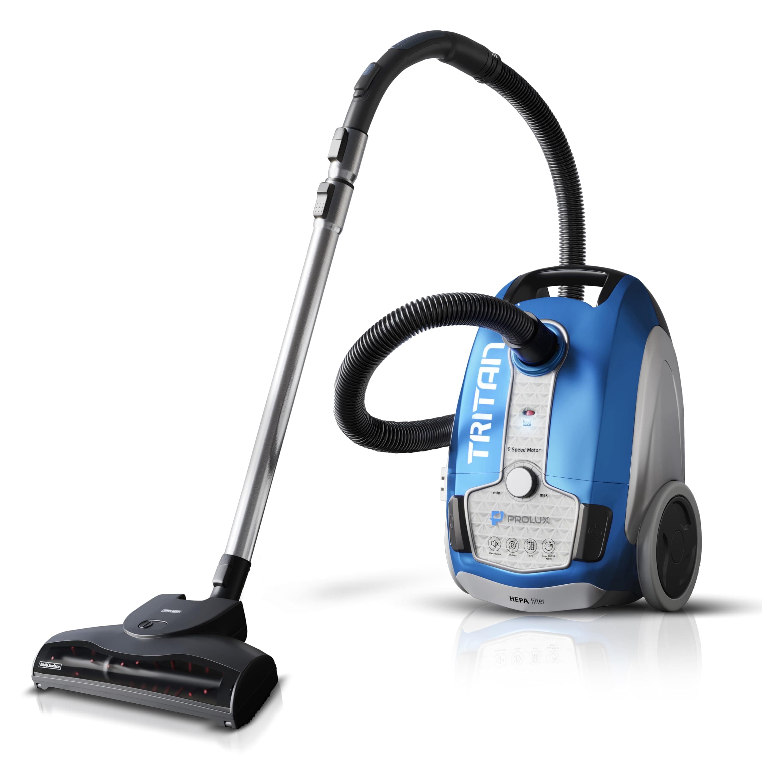 Prolux Tritan Bagged Canister Vacuum Cleaner, HEPA Filtration, Complete Home Care Tool Kit, Pet Hair No More, Adjustable Power Setting, Blue