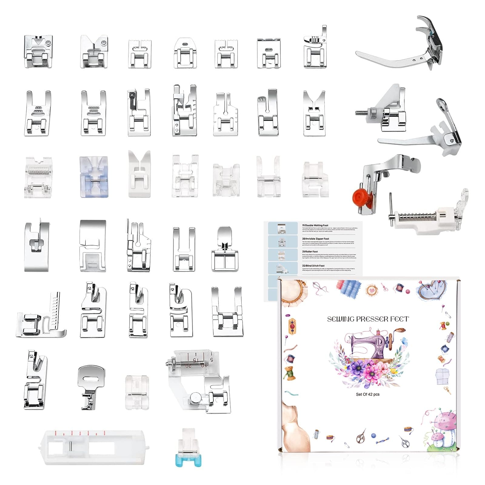Presser Foot Set 42Pcs, Sewing Machine Presser Feet Kit Accessories with Manual for Brother, Babylock, Singer, Elna, Toyota, New Home, Simplicity, Necchi, Kenmore Low Shank Machines
