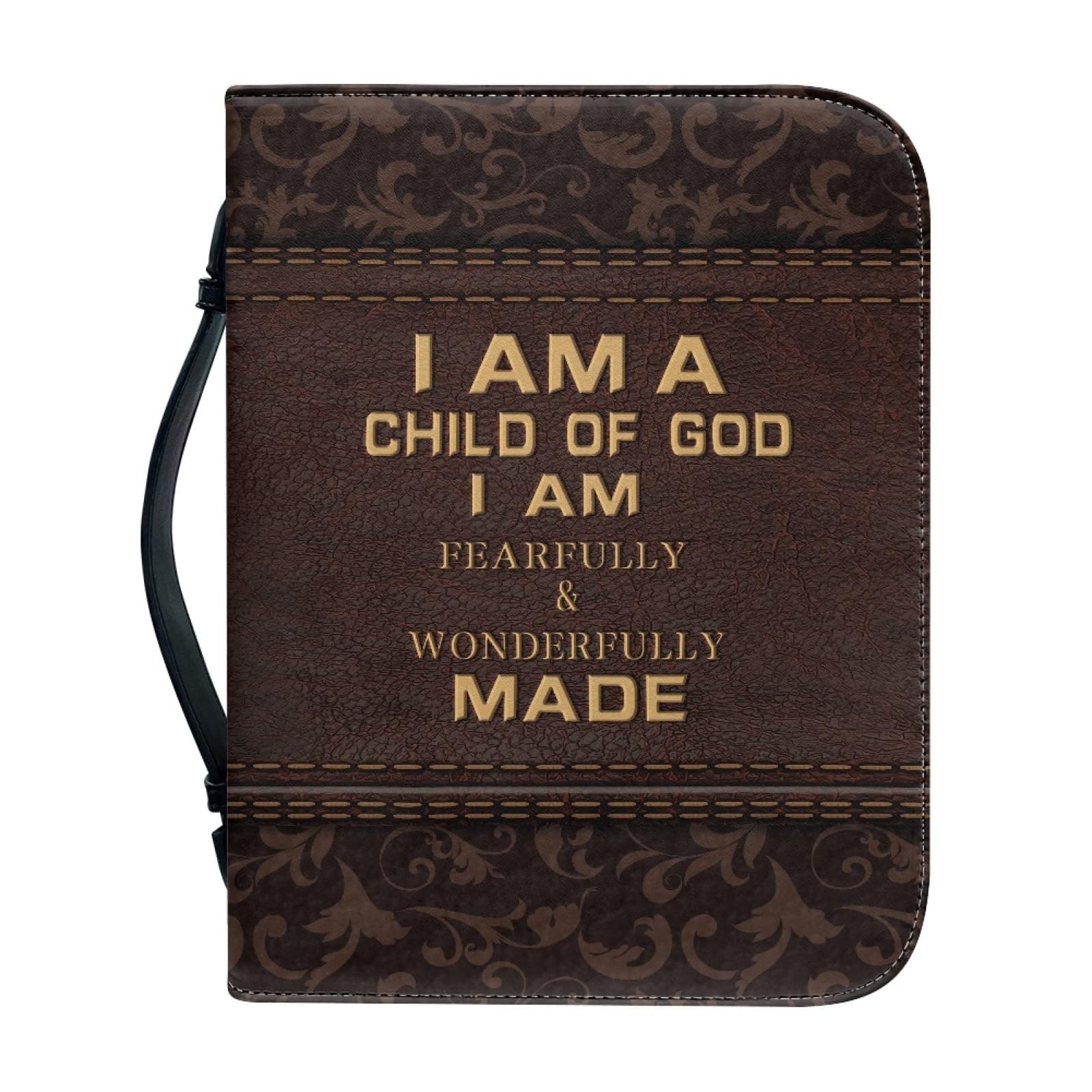 Kuiaobaty Lord Quotes Bible Cover Bag with Pockets, Brown Damask Print Book Sleeve PU Leather Zipper Case for Study Bible Small Large