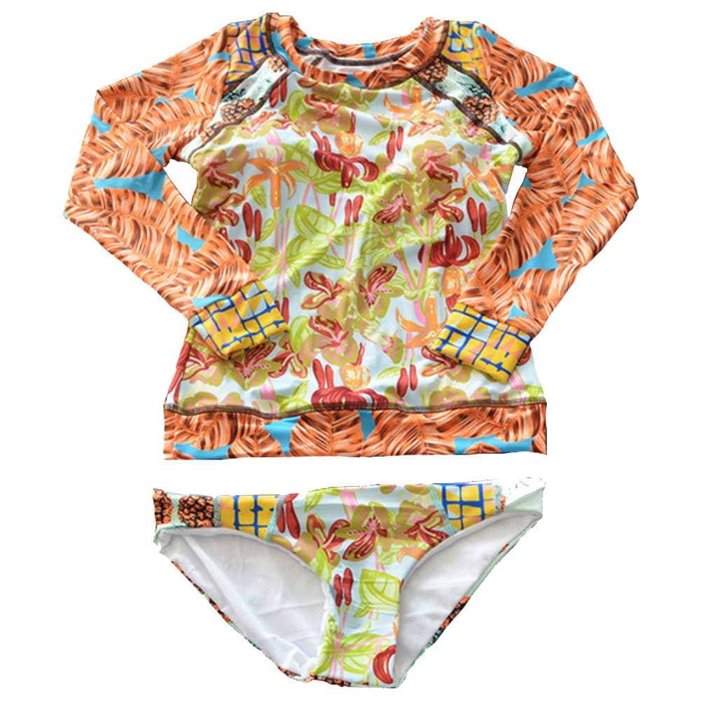 Women's Flower Print UV Sun Protective Long Sleeve 2 Piece Swimsuit Rashguard