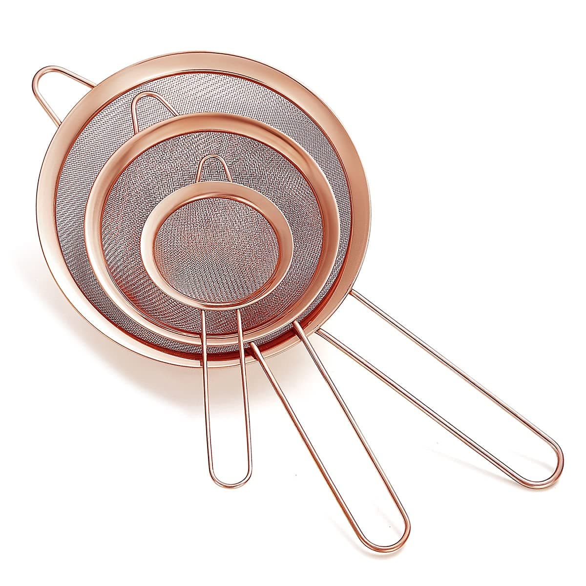 Copper Fine Mesh Strainer Set of 3 Rose Gold Flour Sifter for Baking Stainless Steel Crander Copper Matcha Strainer Gravy Separator Stasher Sieve Pasta Strainer
