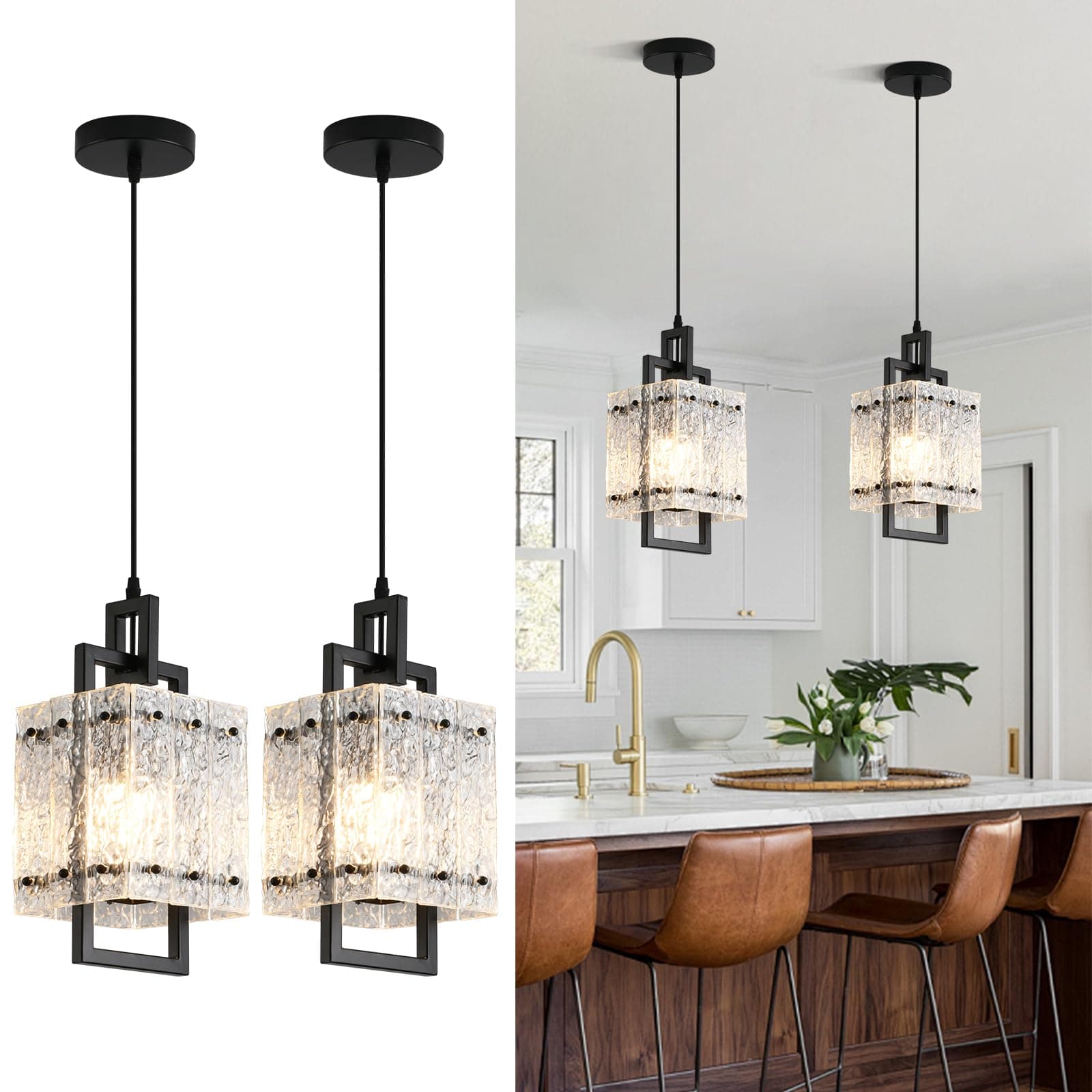 Modern Pendant Lights Kitchen Island 2 Pack Matte Black Pendant Lights Water Ripple Glass Square Pendant Lighting Over Island Hanging Pendant Light Fixtures for Kitchen Dining Room Hallway Foyer