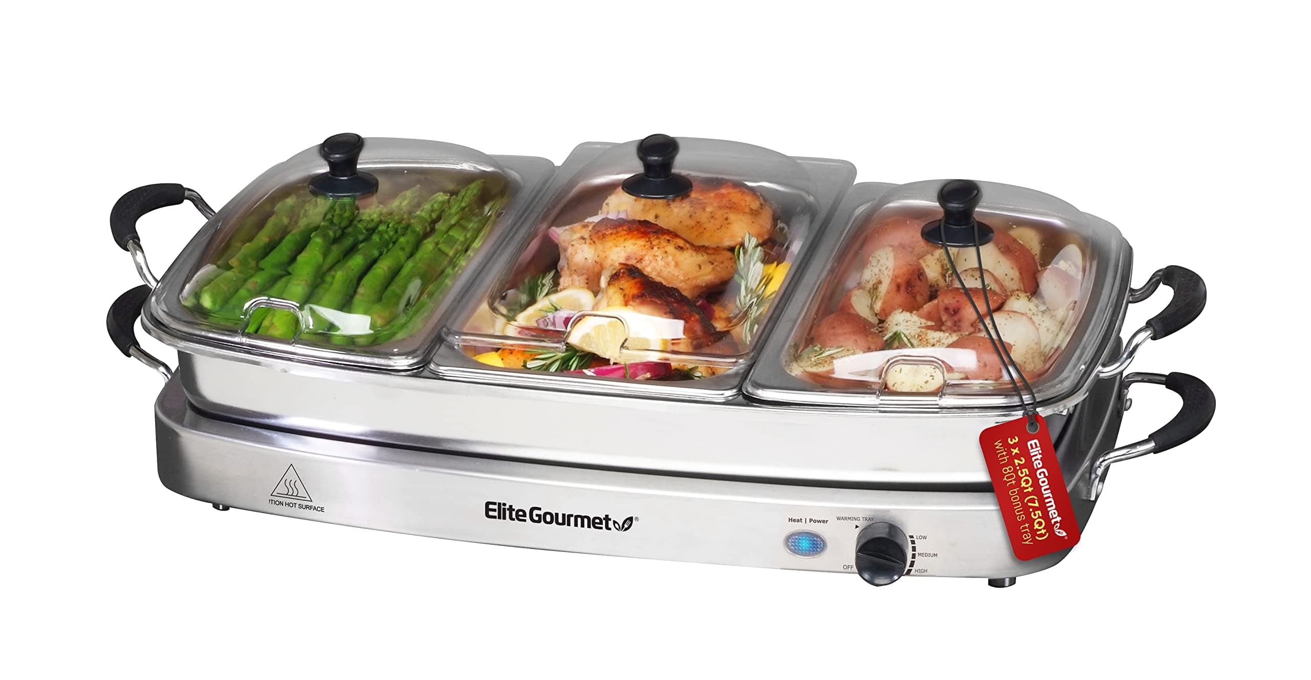 Elite Gourmet Platinum EWM-9933 Maxi-Matic Deluxe Triple Buffet Server Food Warmer Party Tray, Oven-Safe Pan, Gravy & Holiday Essentials, 3 x 2.5Qt, Stainless Steel