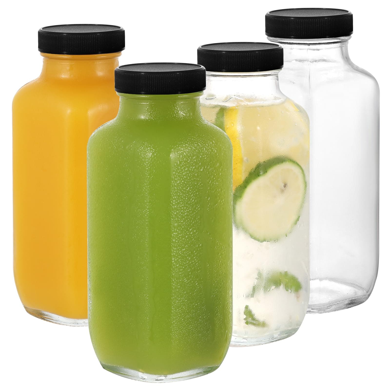 Glass Bottles with Lids, 4pcs 500ml Reusable Wide Mouth Clear Glass Juice Bottles, for Milk, Hot Cold Drinks, Homemade Beverages