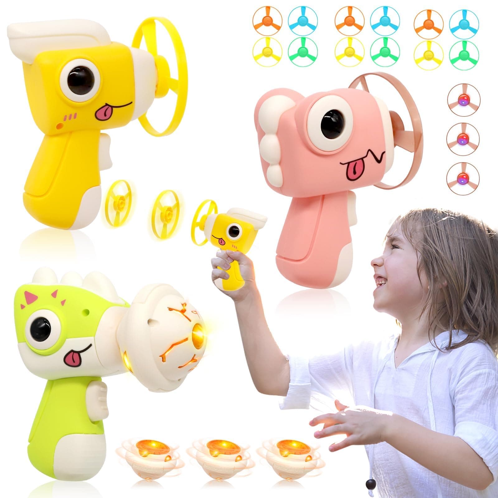 PFUTURE Flying Disc Launcher Toy, Kids Outdoor Toy Set with 3 Flying Saucer Guns and 12 Flying Saucers, 3 LED Flying Saucer and 3 LED Gyro Girls and Boys Birthday Gift for Ages 3-12+