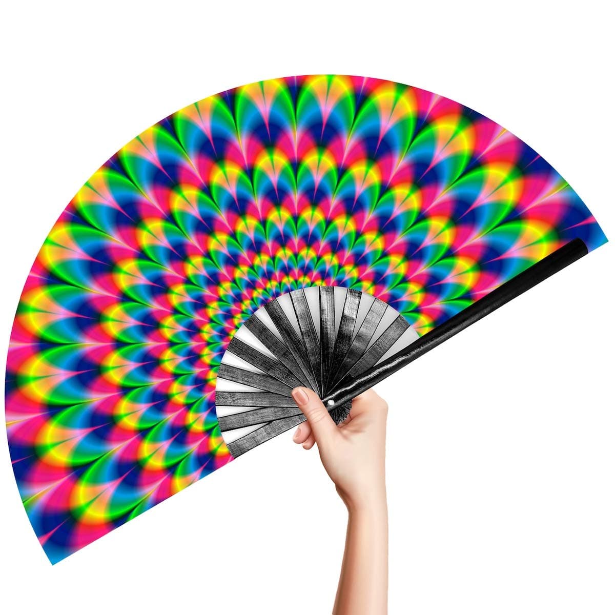 OMyTea Large Bamboo Rave Festival Folding Hand Fan for Men/Women - Chinese Japanese Handheld Fan with Fabric Case - for Electronic Dance Music Party, Performance, Decorations, Gift (Trippy)