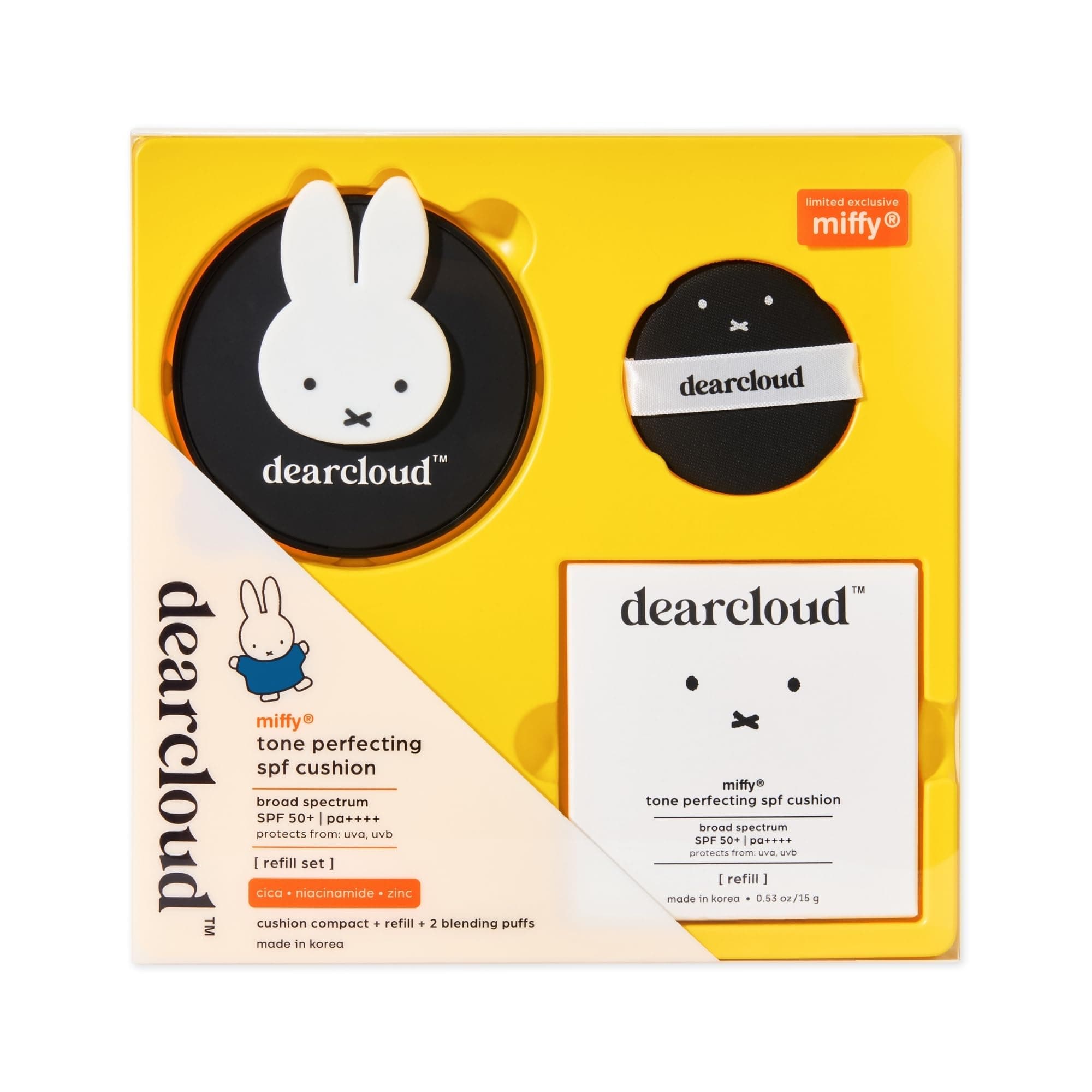 Miffy Dear Sun Tone Perfecting SPF Cushion Refill Set SPF 50+ – Color Adapting Sunscreen, Korean Sunscreen SPF 50 (.53 oz)