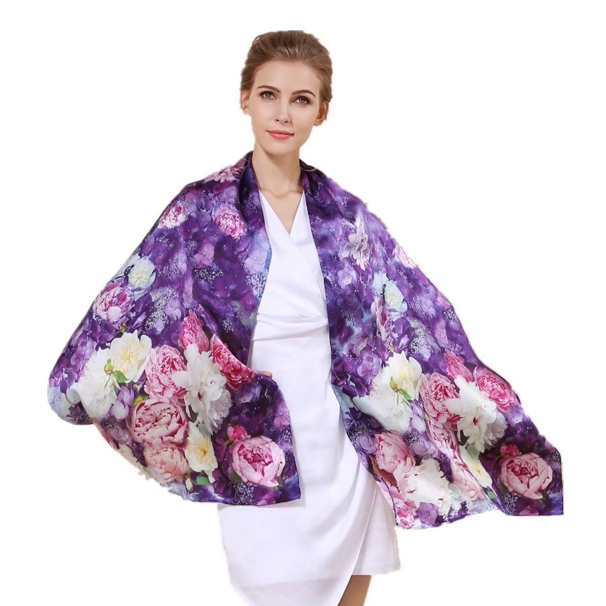 Women's 100% Charmeuse Mulberry Silk Long Scarf For Gift Hair Ladies Shawls Floral And Butterfly Scarves