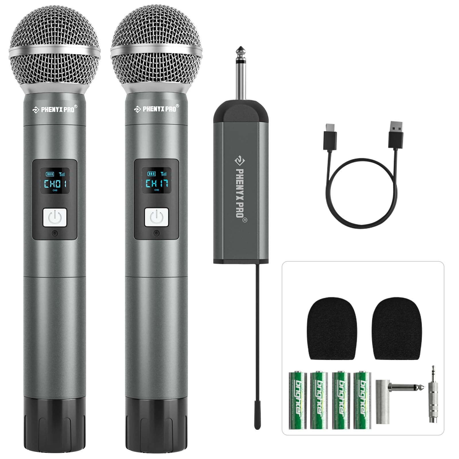 Dual Digital Wireless Microphone System, w/2 Handheld Dynamic Microphones,15 UHF Frequency Groups, Mini Receiver, Metal Cordless Mic for Karaoke,Church,DJ,Singing (PDP-2-2H)