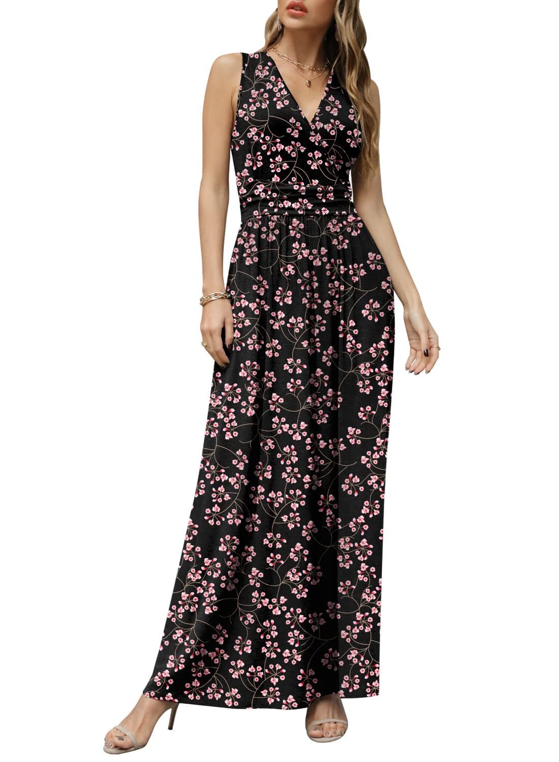 CATHY Women's Casual Sleeveless Deep V Neck Beach Waist Maxi Dresses with Pockets