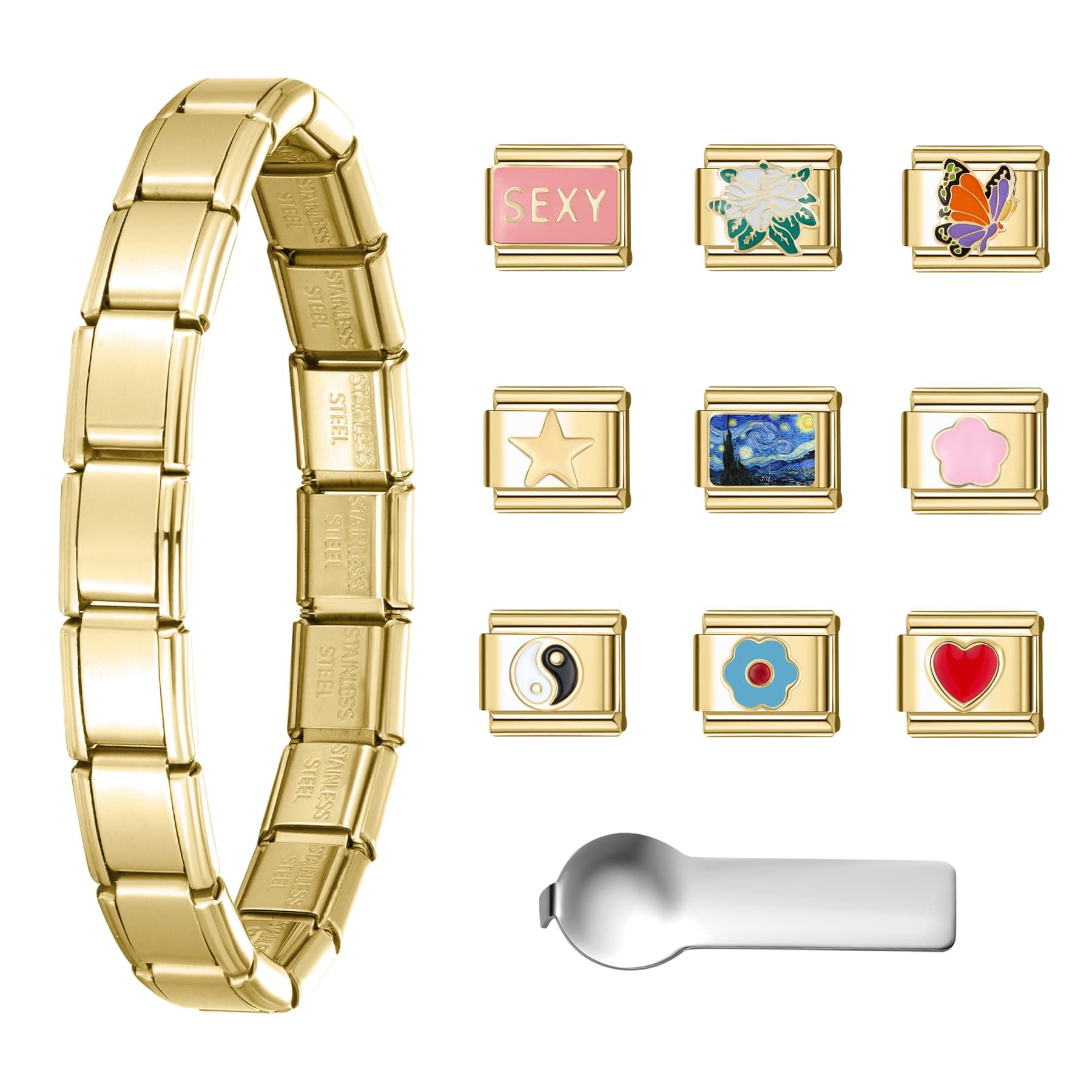 Stainless Steel 18 Link Polish Italian Charm Bracelet with 1Pcs Starter Brascelet, 9Pcs/20Pcs Charms and Opening Tools, Classic 9mm Modular Charm, Personalized Jewelry Gift