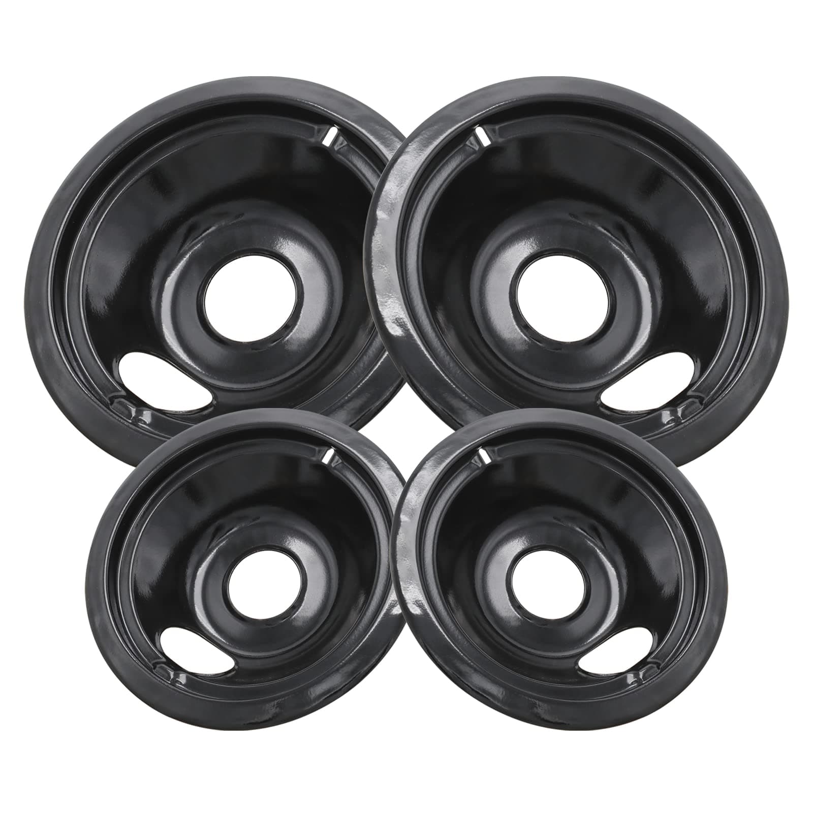 GE Black Stove Drip Pans, 10% Energy Save by Enamel Spraying Prevent Bending and Rust - Include 2 6'' Burner Drip Pans and 2 8'' Drip Bowl