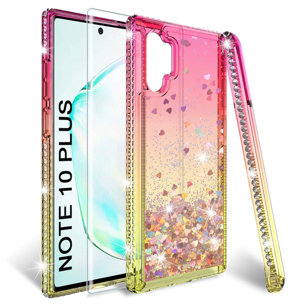 HATOSHI Samsung Galaxy Note 10 Plus Case (Not Fit Note 10) with Screen Protector [1 Pack] for Girls Women, Liquid Glitter Sparkle Bling Clear Cute TPU Phone Cover for Note 10+ (Pink/Gold)