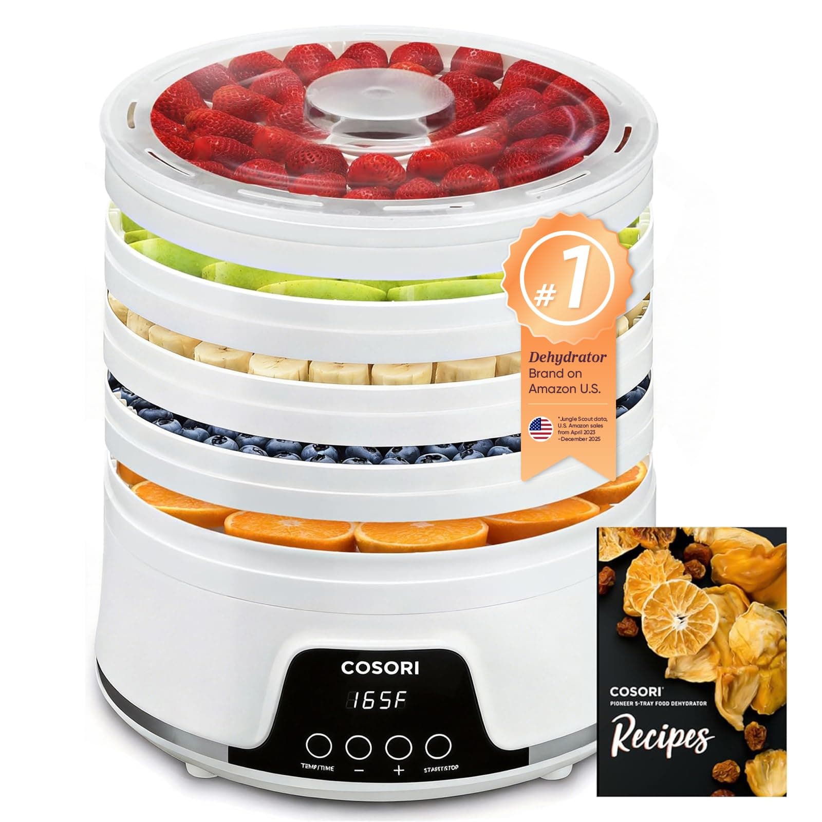 COSORI Food Dehydrator Machine for Jerky, 5 Trays with 165°F Temperature Control and 48H Timer, 350W Dryer for Fruit, Herbs, Meat, Veggies and Dog Treats, 50-Recipes Book Included