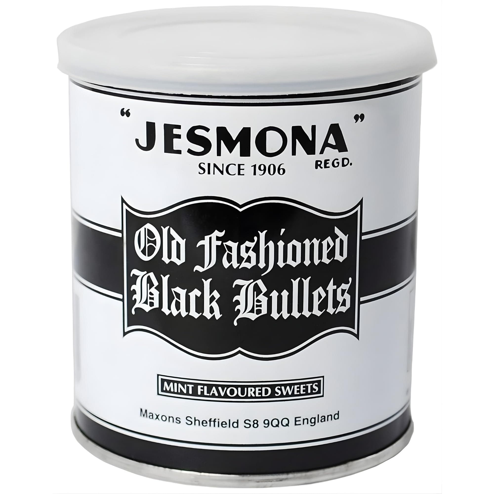 Jesmona Old Fashioned Black Bullets 250g (8.8 Oz) - Mint Flavored British Hard Candy Gift Tin, Peppermint Balls English Boiled Sweets, Travel Sweet & Imported Confectionery Treat from England, UK
