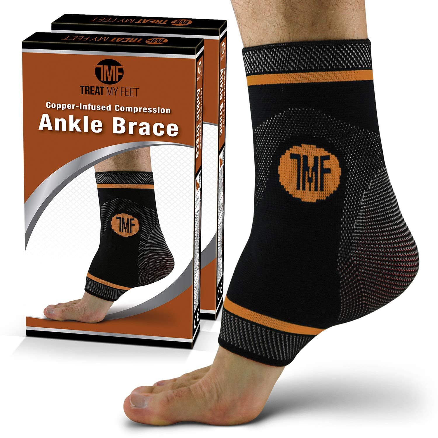 Pair of Copper Infused Compression Ankle Brace, Silicone Ankle Support with Copper. - M