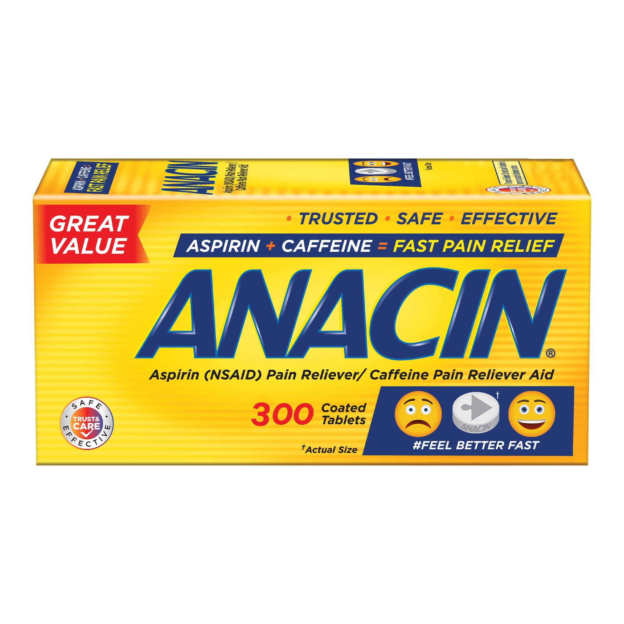 Anacin Fast Pain Relief, Aspirin + Caffeine Pain Reliever, 180 coated tablets (6 pack of 30 tablets)