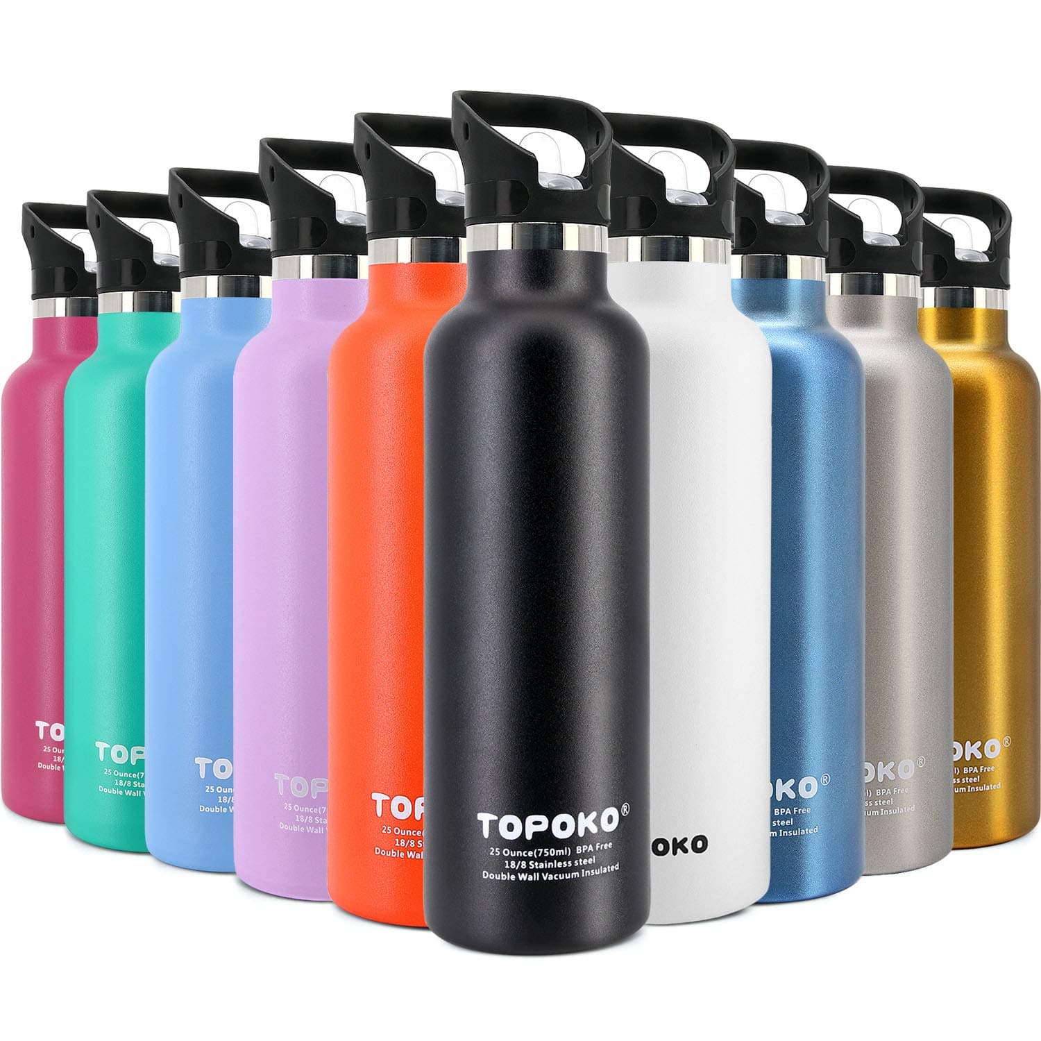 TOPOKO 25 OZ Double Wall Stainless Steel Water Bottle, Straw Lid with Handle, Vacuum Insulated, Sweat Proof, Leak Proof Travel Mug Sports Bottle, Keep Warm or Cold Up to 24 Hours.(Piano Black)