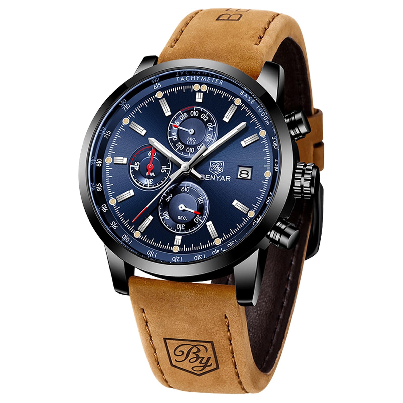 BENYAR Mens Watches Chronograph Analog Quartz Watch Silver Black Stainless Steel Watch for Men Stylish Business Sports Waterproof Wristwatch Elegant Gift Brown Leather Strap