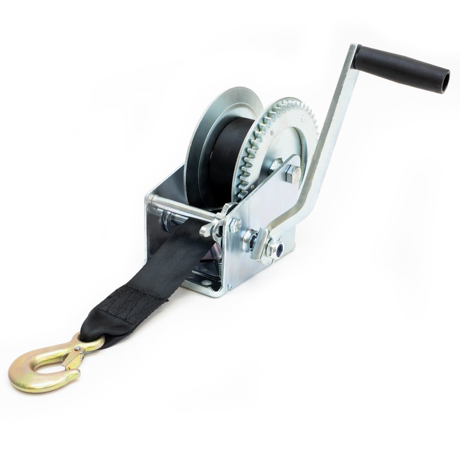 Driver Recovery Products Manual Hand Crank Trailer Winch with Hook and 20' Strap - Heavy Duty 1,500 Pound Capacity