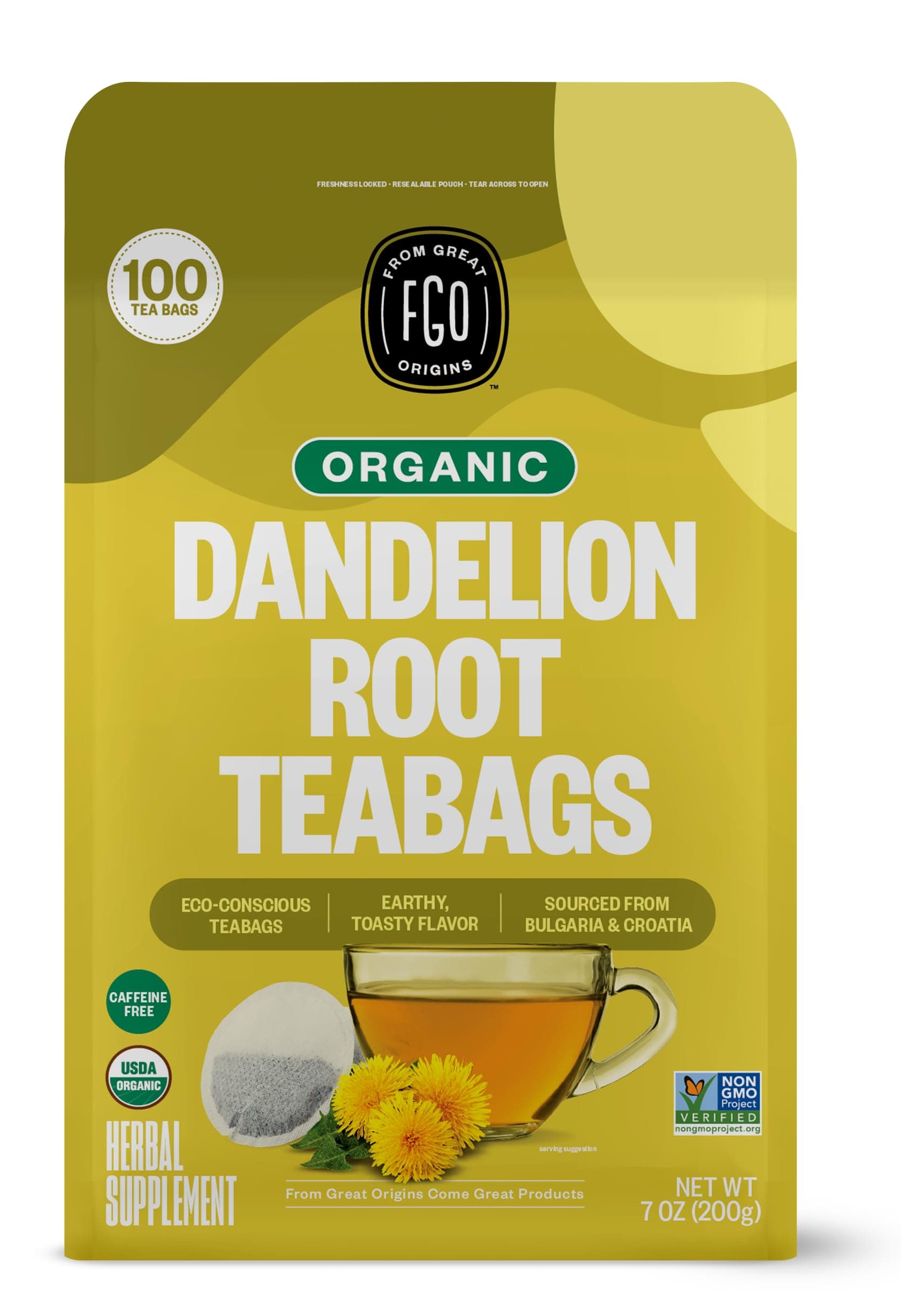 Organic Roasted Dandelion Root Tea, 100 Count, Eco-Conscious Tea Bags, Resealable Bag, Packaging May Vary (Pack of 1)