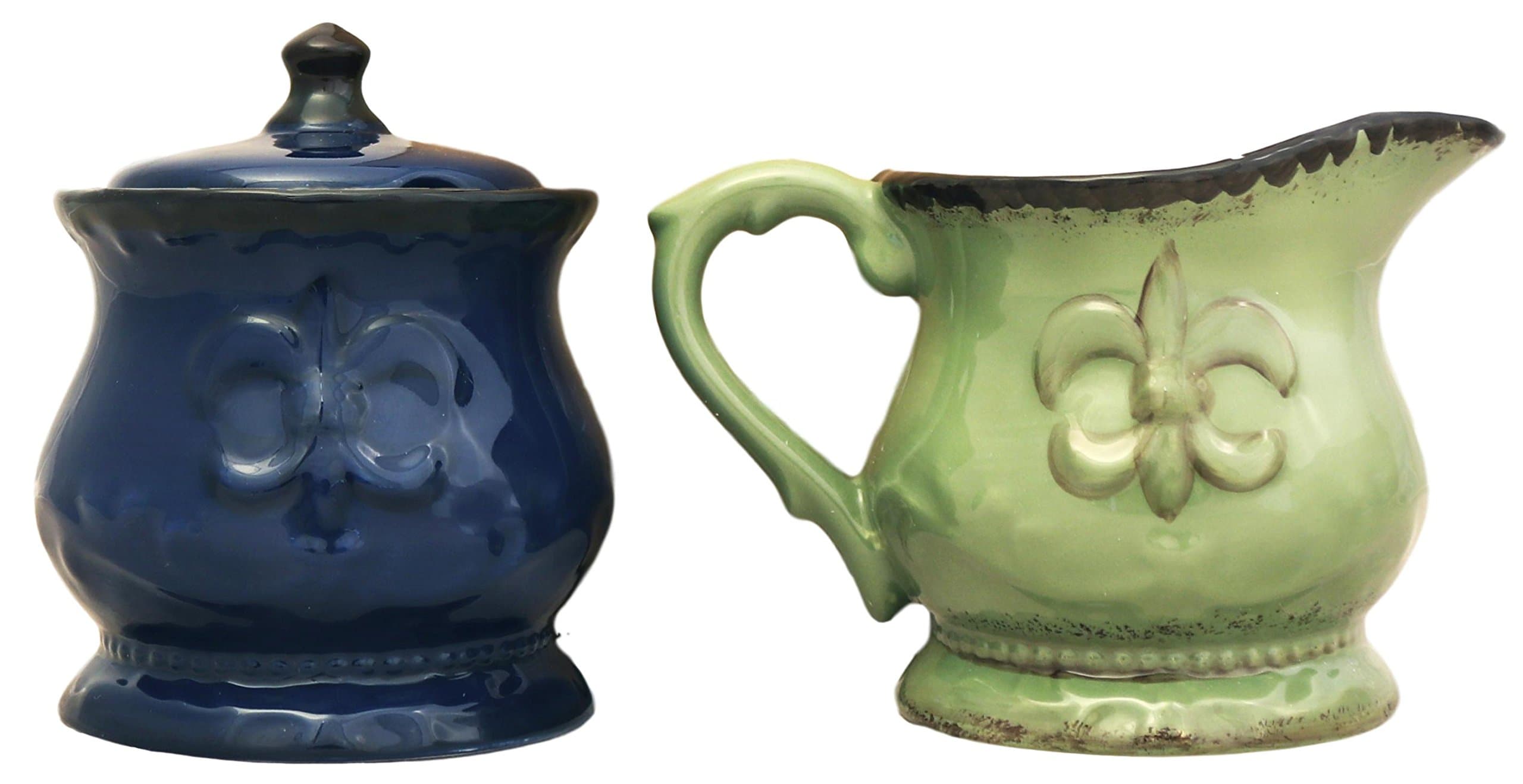 ACK Tuscany Colorful Ceramic Hand Painted Fleur De Lis Cream & Sugar Set of 2pcs