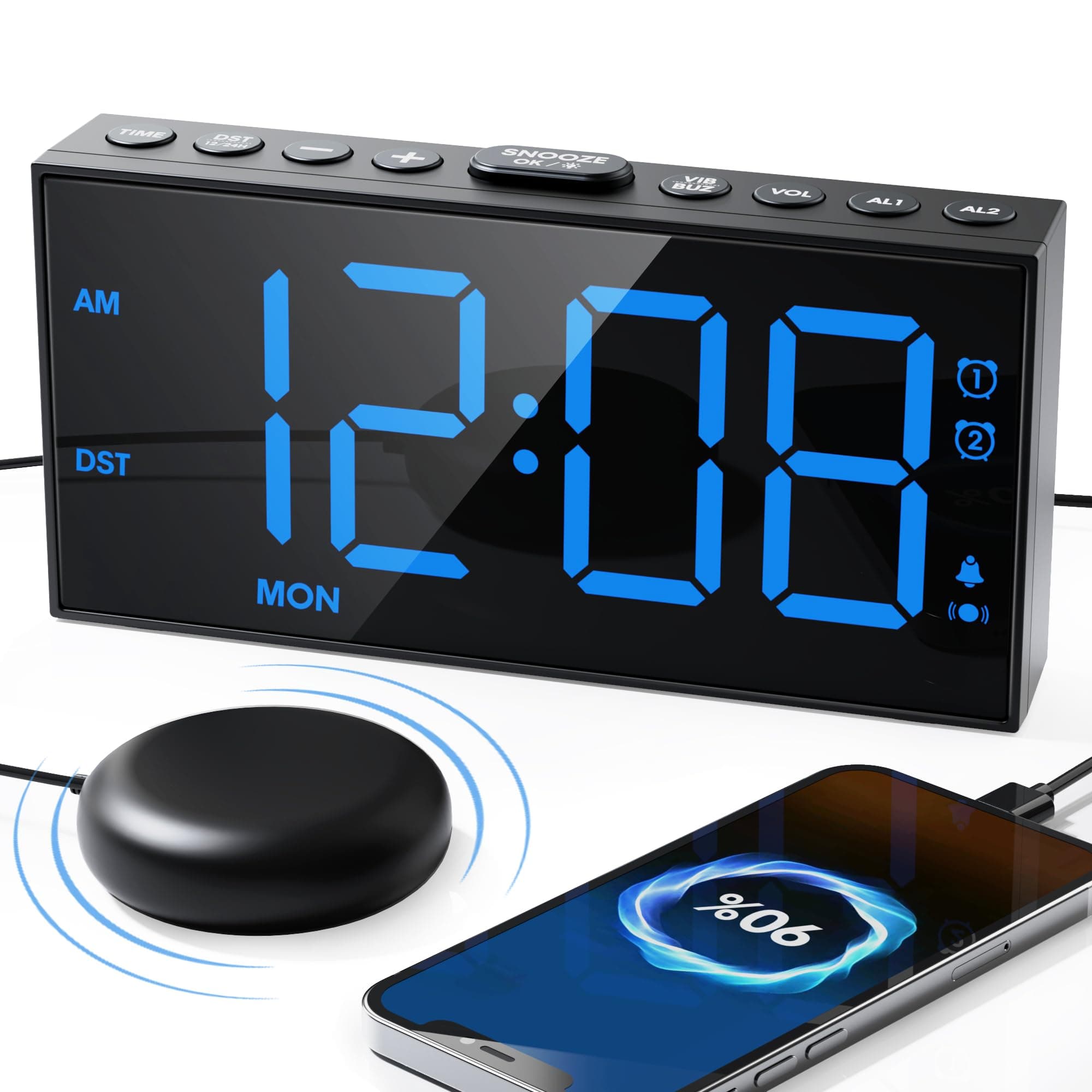 Roxicosly Vibrating Alarm Clock with Bed Shaker for Heavy Sleepers Adults, Dual Alarms for Weekday & Weekend, Large Display, Snooze, USB Charging Port, 12/24H DST
