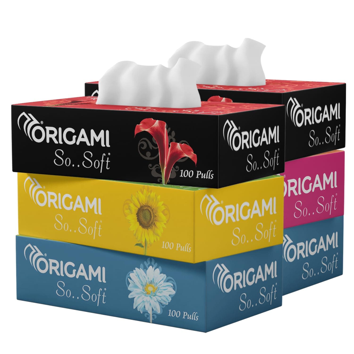 Origami So Soft 2 Ply Facial Tissue Box | Ultra Soft, Skin Friendly & Highly Absorbent Face Tissues | Multipurpose Car, Home & Office Use | Pack of 6 (100 Pulls Per Box, 600 Sheets)