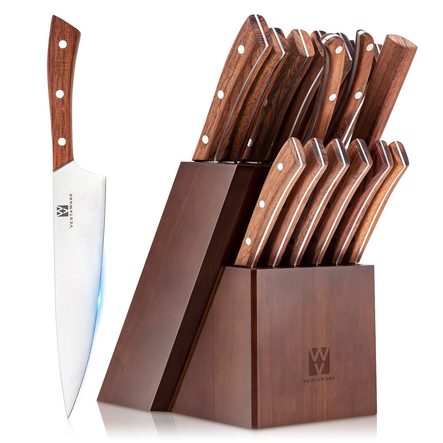 16-Piece Knife Set, High Carbon German Steel Kitchen Knife Set with Block, Knives set with Knife Rod and Ergonomic Handle.