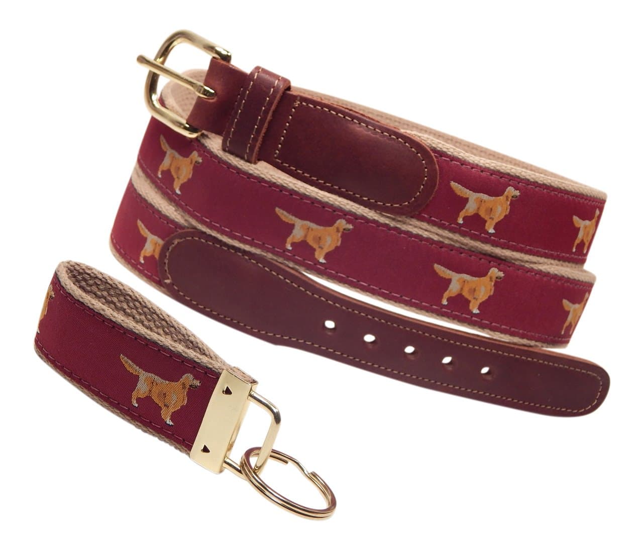 Preston Leather Classic Ribbon Belt, Golden Retriever, Maroon, Khaki, Sizes 30 to 50, Free Matching Key Ring (Size 36)