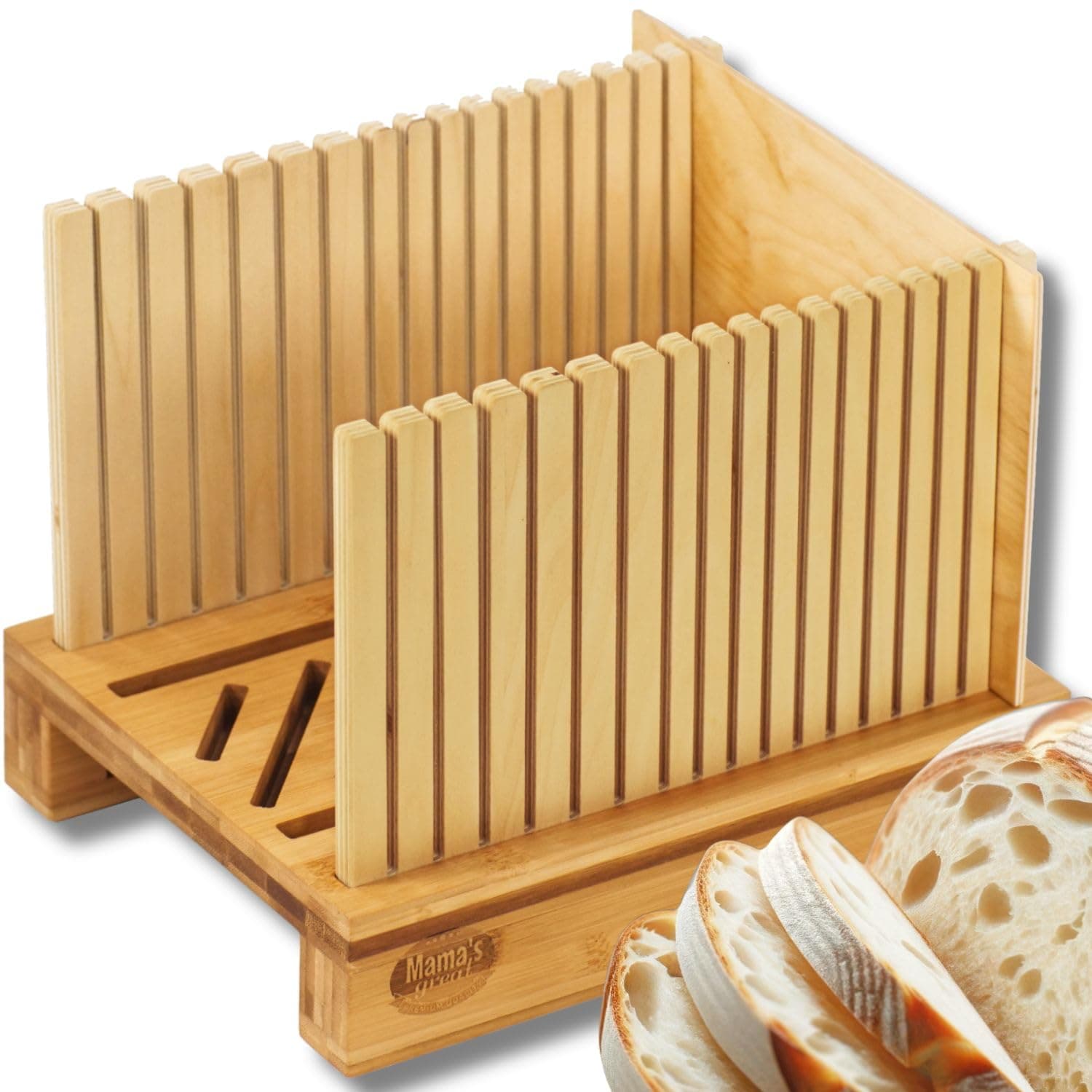Bamboo Bread Slicer for Homemade Bread - Adjustable Slice Width Bread Slicing Guides with Sturdy Wooden Cutting Board - Compact & Foldable - Makes Cutting Bagels or Even Bread Slices Easy