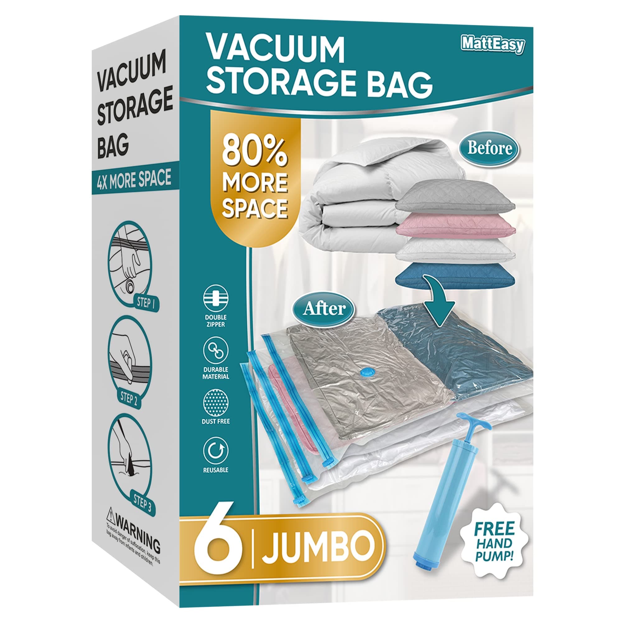 Space Saver Vacuum Storage Bags, 6 Pack Jumbo Space Saver Bags with Pump, Storage Vacuum Sealed Bags for Clothes, Comforters, Blankets, Bedding (Jumbo)