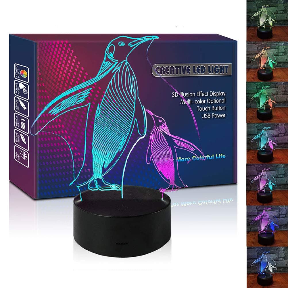 HIPIYA Penguin Night Light LED 3D Illusion Remote Control USB Lamp Christmas Festival Present Birthday Gift for Boy Girl Kid Gentlemen Father's Day Nursery Room Bedroom Decor (Penguin)