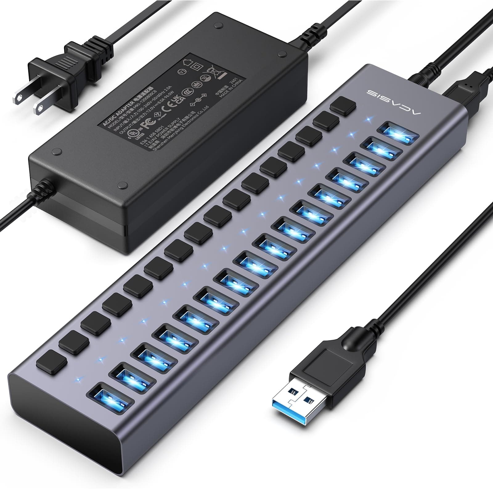 Powered USB 3.2 Hub, ACASIS 16 Ports USB 3.2 Hub with 10Gbps Data Speed，Aluminum Housing, USB Hub Powered with 96W Power Adapter, USB Hub for PC/Laptop, Computer, Flash Drive, Printer, Camera