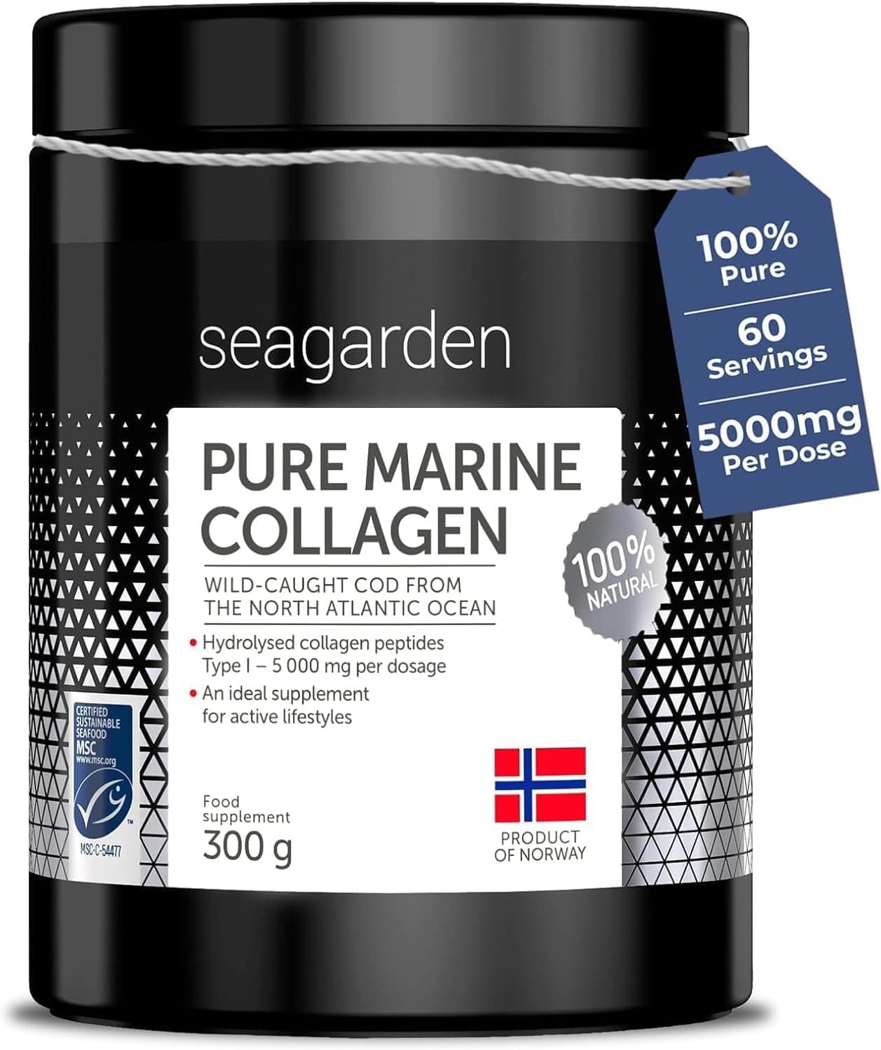 Pure Marine Collagen Powder - 5000mg - Hydrolyzed Collagen Peptides Type 1 - Supplements for Women and Men, for Hair, Skin and Nails - Unflavored, 300g, 60 Servings