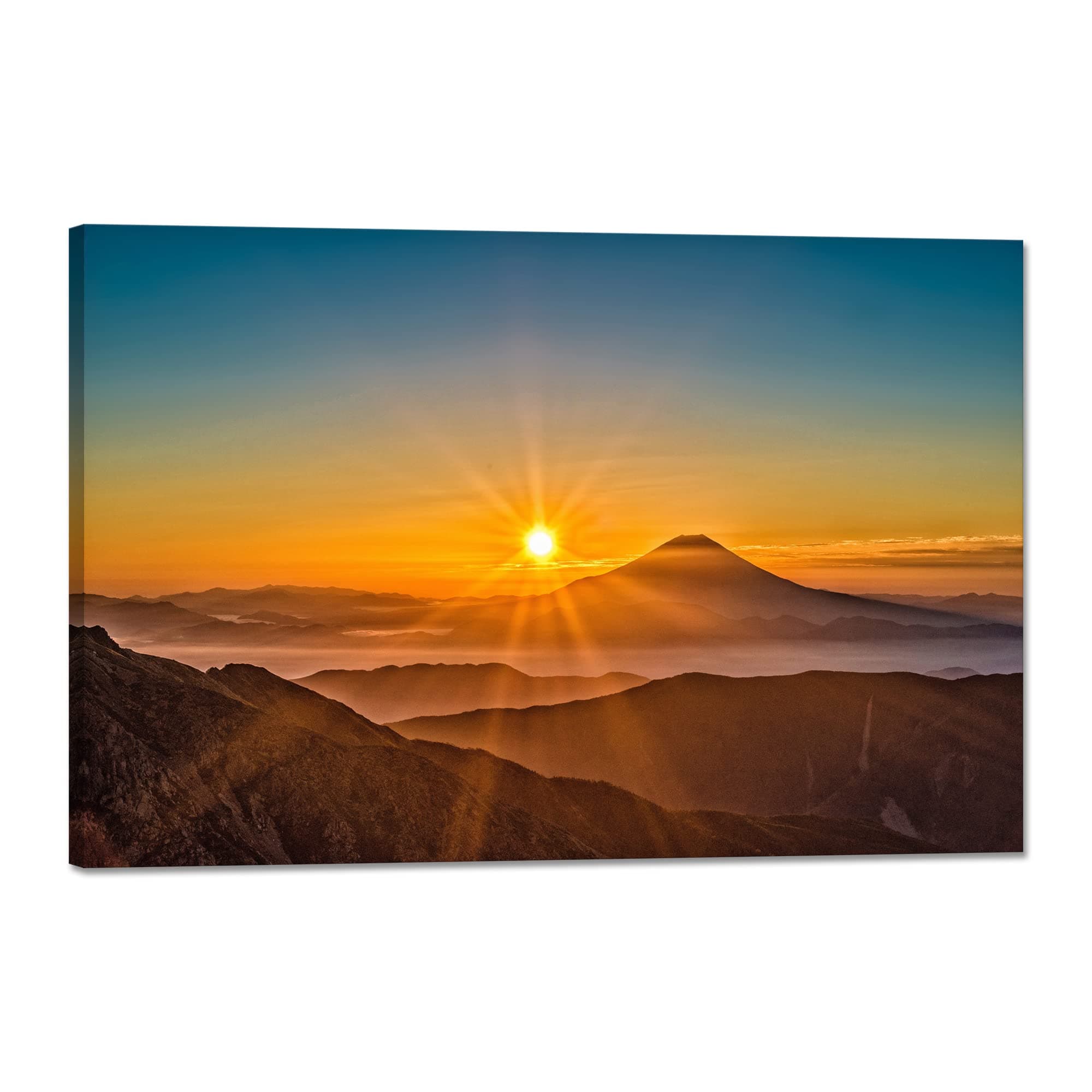 Mt. Fuji Sun Art Panel Red Fuji Picture Cherry Blossom Landscape Painting Poster Wall Hanging Entrance Feng Shui Good Luck Decorative Painting Wall Hanging Finished Product with Wooden Frame (11.8 x