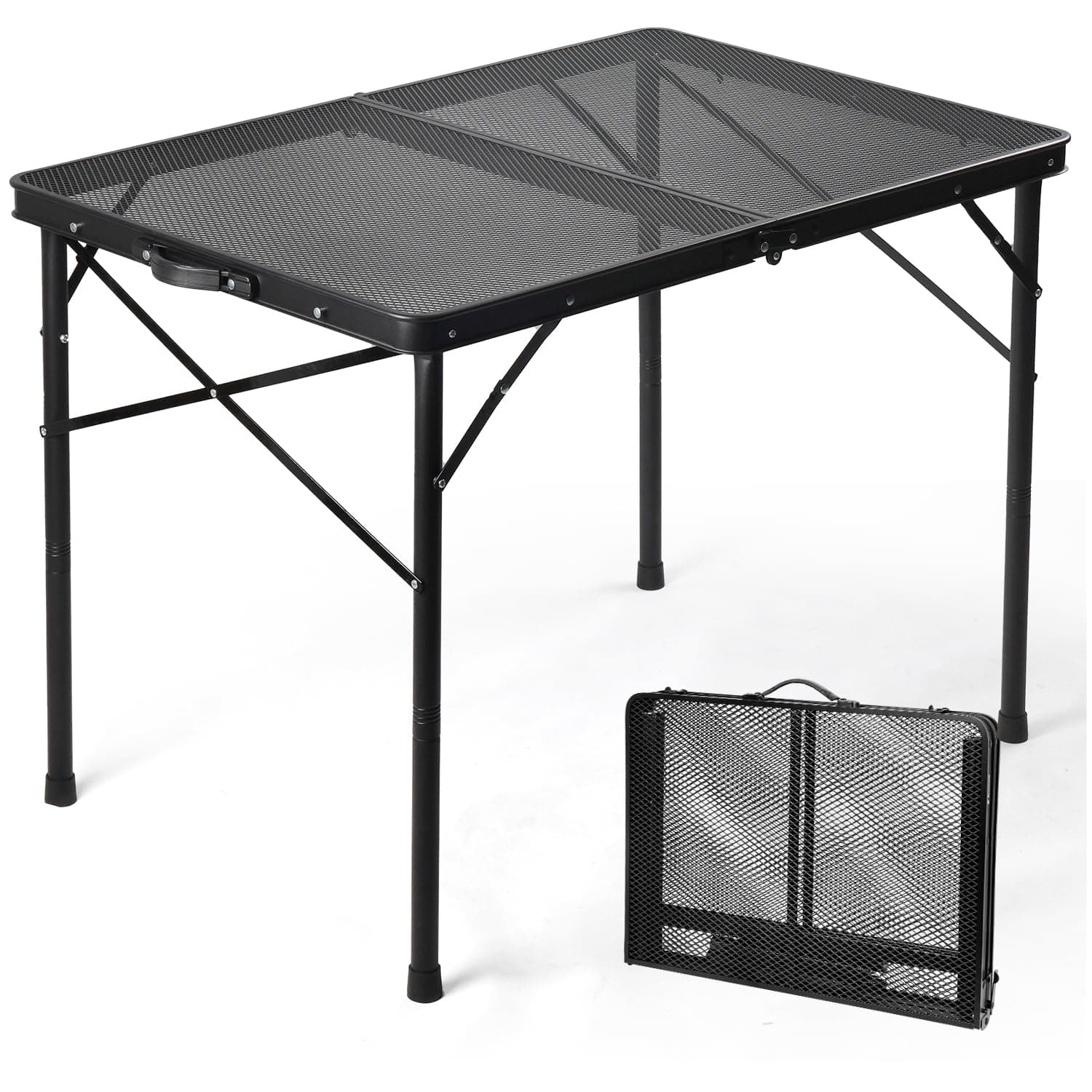 3 ft Folding Table with Adjustable Height (16.5" & 26"), Black Metal Mesh Table with Carry Handle, Portable for Camping, Tailgating, BBQ, Picnic & Indoor, Fits 3–6 People, 7.5 lb, Supports 66 lb