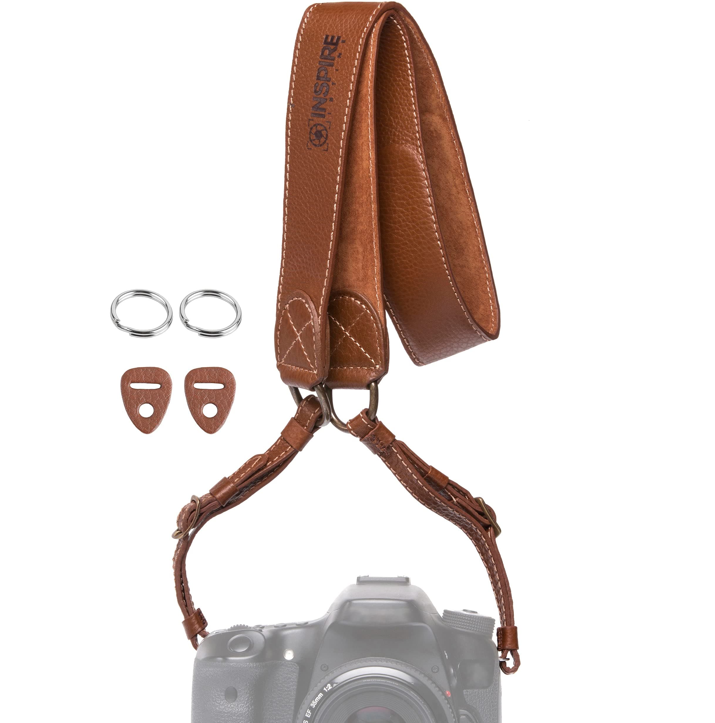 Inspire in Time Camera Neck Strap - Genuine Leather Adjustable Straps Universal Interfaces Mirrorless DSLR Cameras, Nikon, Canon, Sony, Olympus, Panasonic, Fuji & More, Brown