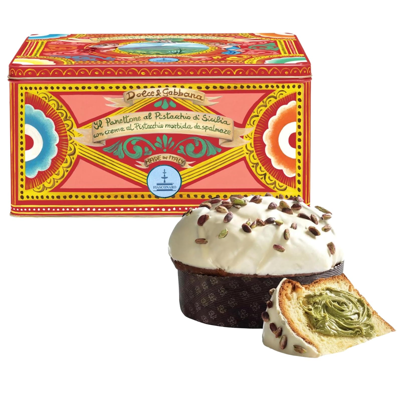 Fiasconaro Sicilian Pistachio Panettone | Dolce and Gabbana Metal Tin with Pistachio Cream Spread, White Chocolate | Traditional Italian Christmas Cake Dessert Hostess Gifts Made In Italy 1kg (Red)